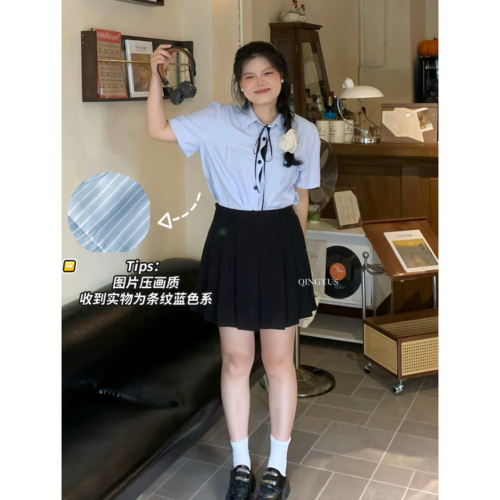 青屿衫-微胖夏季大码法式POLO领条纹衬衫学院风显瘦气质上衣女装