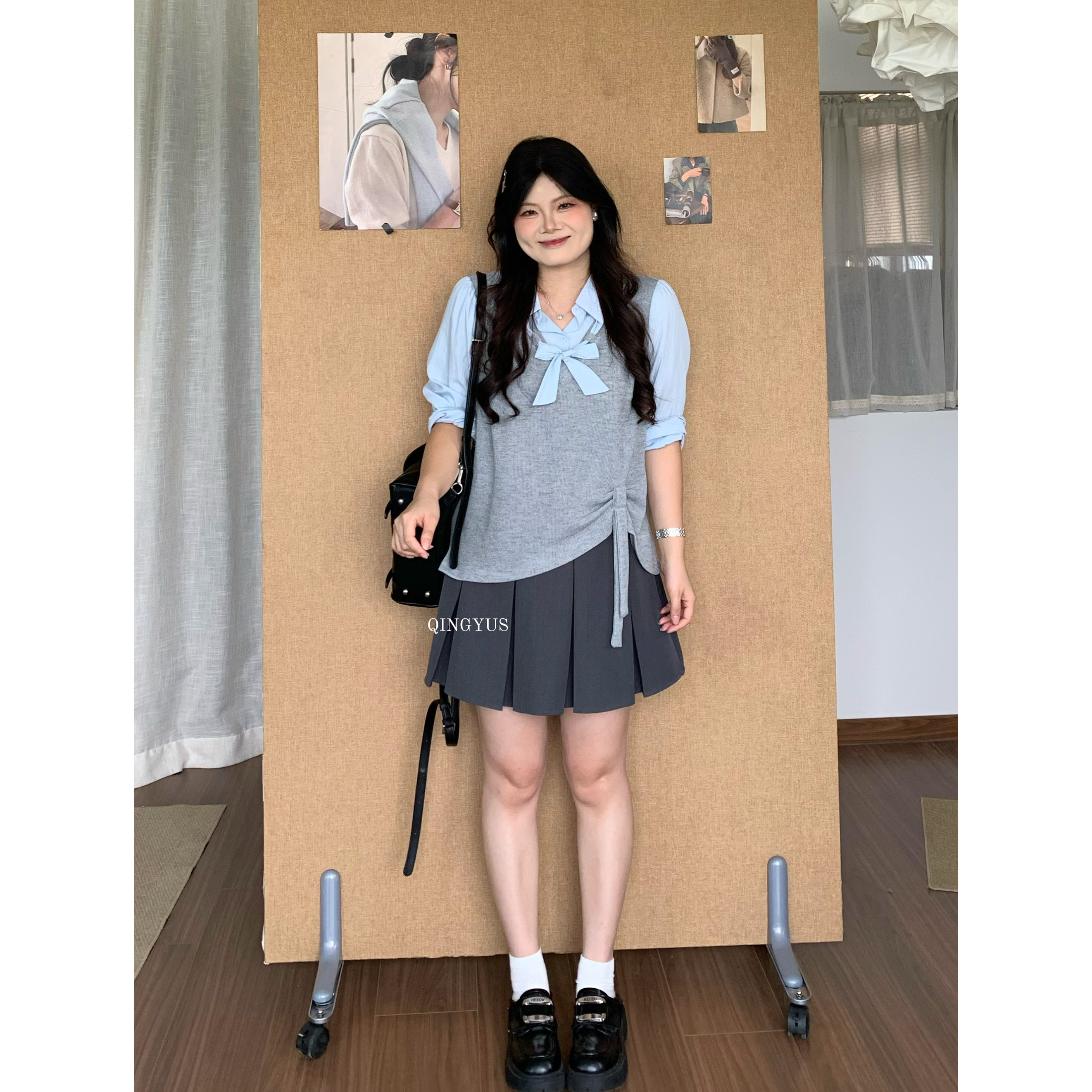 青屿衫-微胖秋季大码韩系学院风减龄翻领假两件马甲拼接长袖衬衫