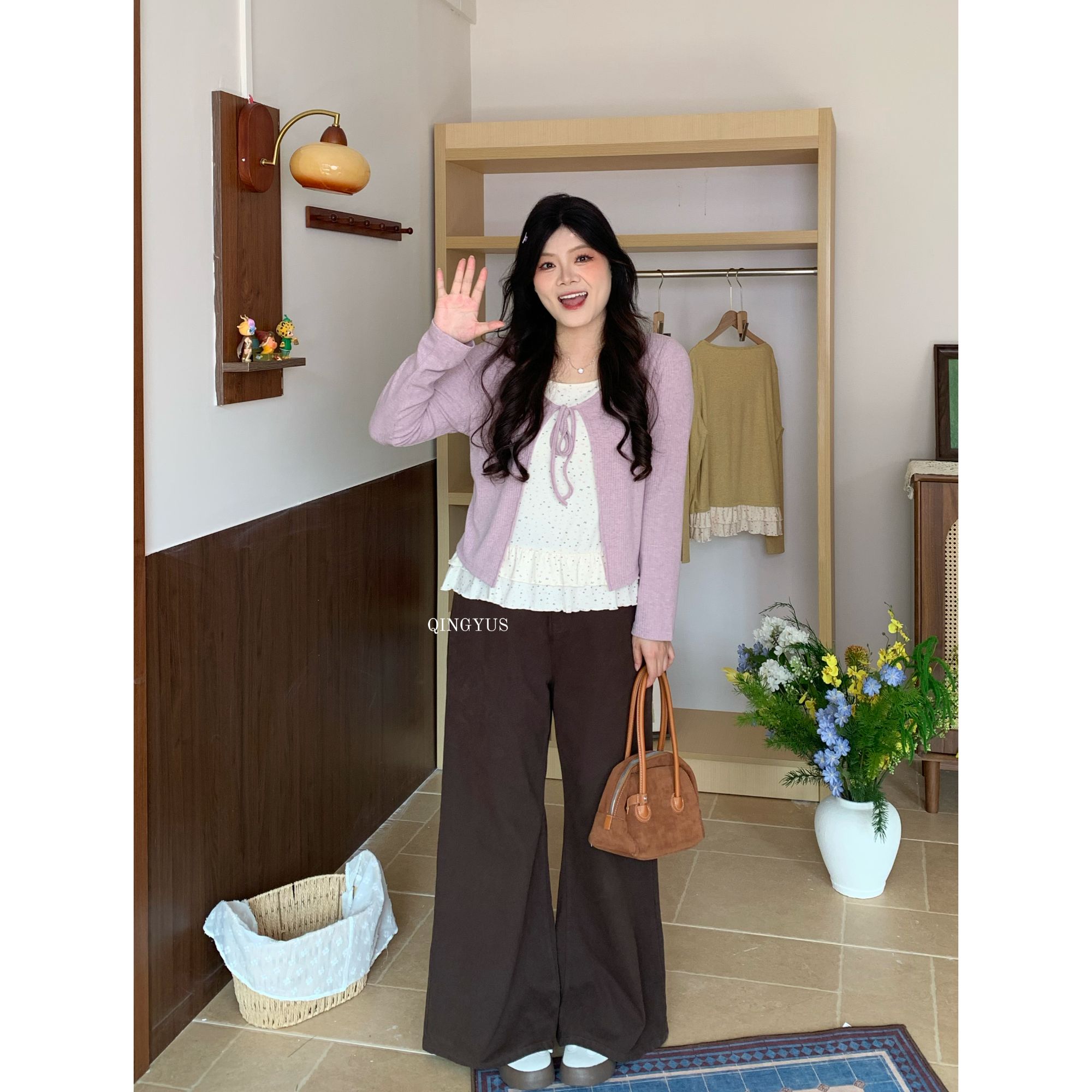 青屿衫-微胖大码韩系甜美减龄碎花荷叶边假两件撞色正肩长袖T恤秋