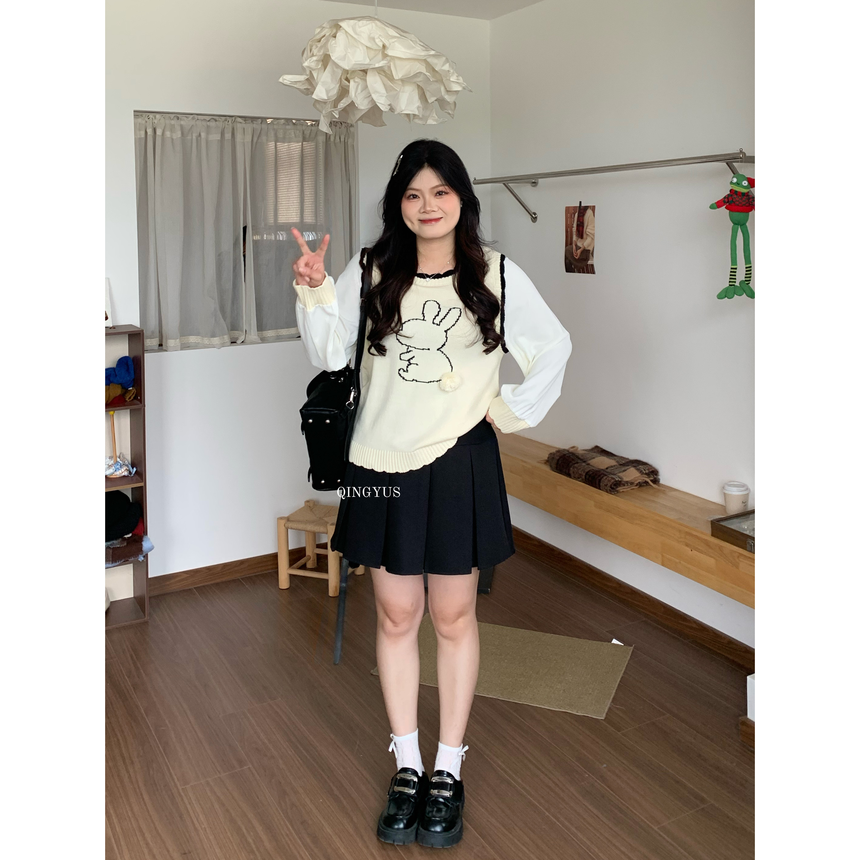 青屿衫-微胖初秋季大码韩系少女风减龄兔子提花撞色假两件针织衫