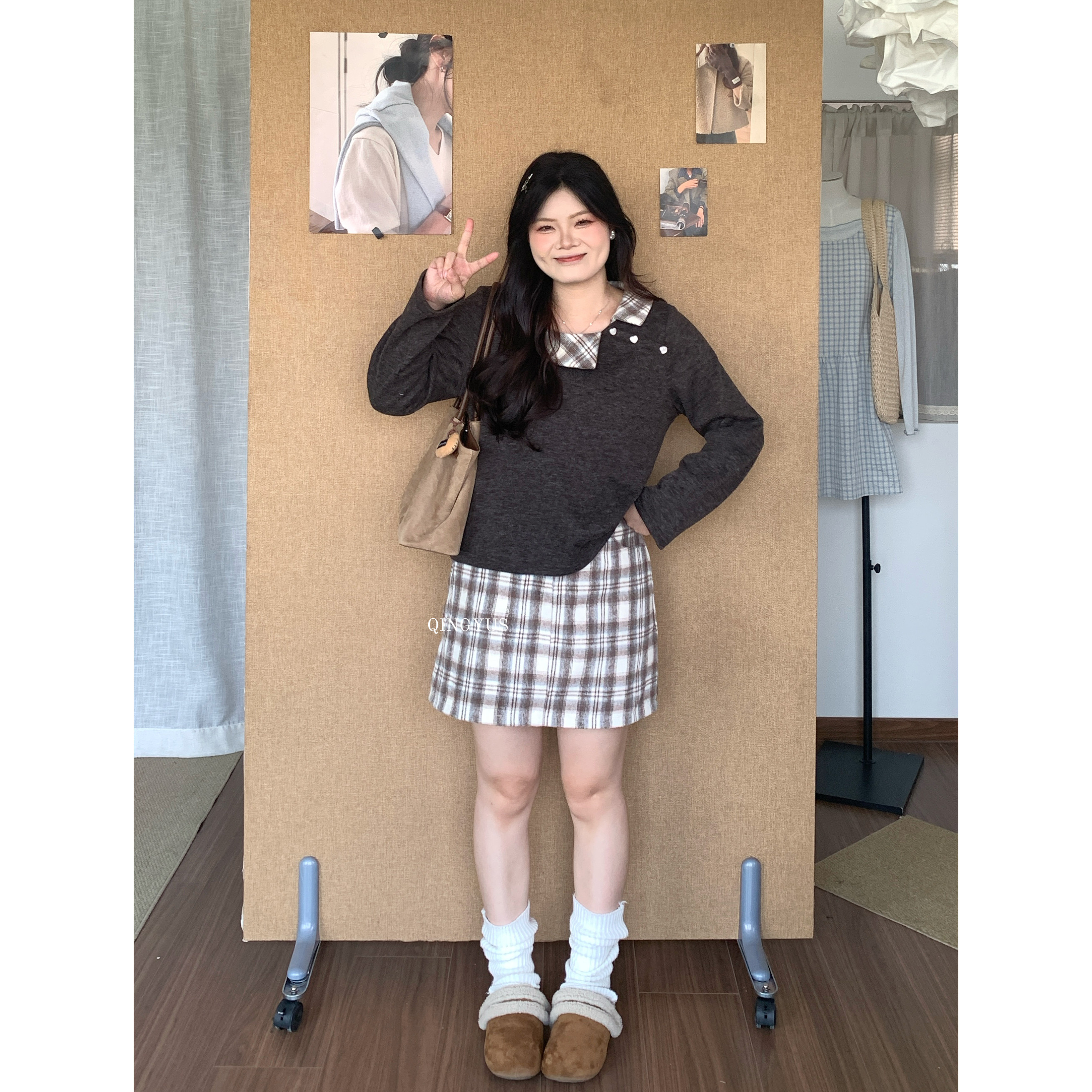 青屿衫-微胖大码秋季韩系复古设计感格纹翻领上衣毛呢短裙两件套