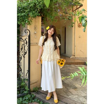 青屿衫-微胖夏季大码韩系温柔甜美风蕾丝拼接木耳荷叶边正肩衬衫