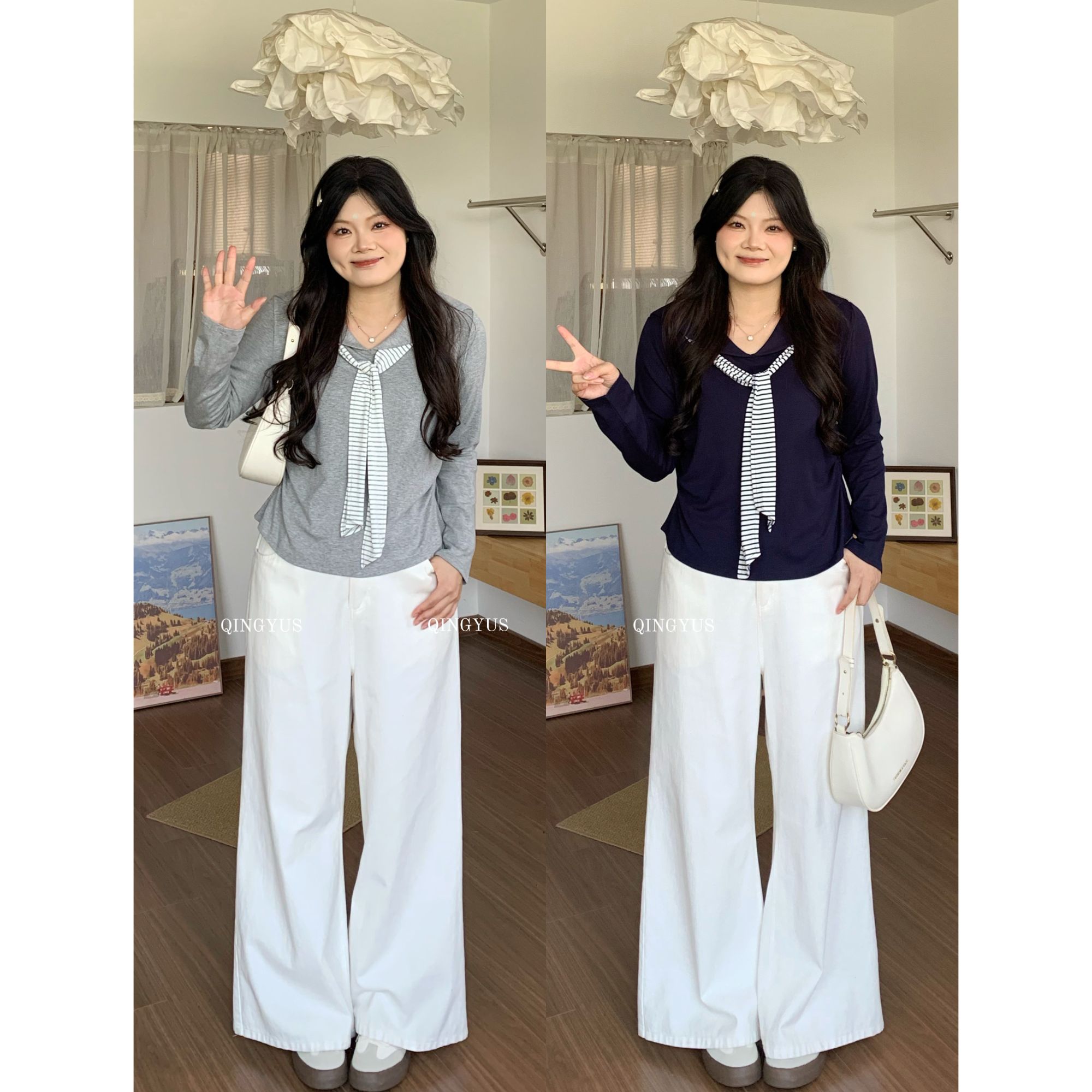 青屿衫-微胖大码早秋季韩系学院风减龄海军领条纹绑带显瘦长袖T恤