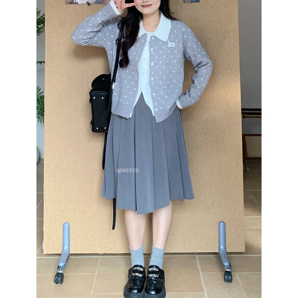 青屿衫-微胖显瘦韩系百搭学院风百褶裙高腰A字中裙子秋季大码女装