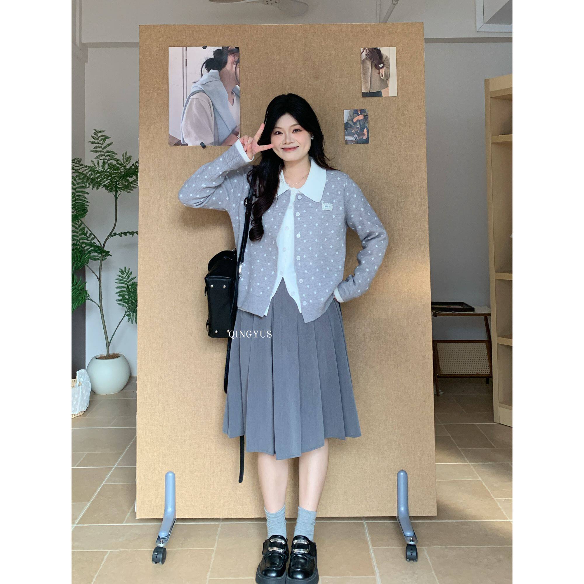 青屿衫-微胖大码秋季韩系甜美风减龄波点假两件针织开衫毛衣外套