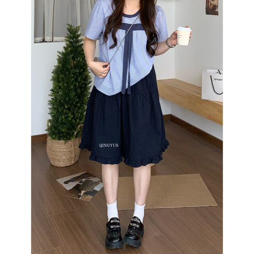 青屿衫-微胖夏季大码甜美少女风褶皱木耳边中裙高腰显瘦A字半身裙