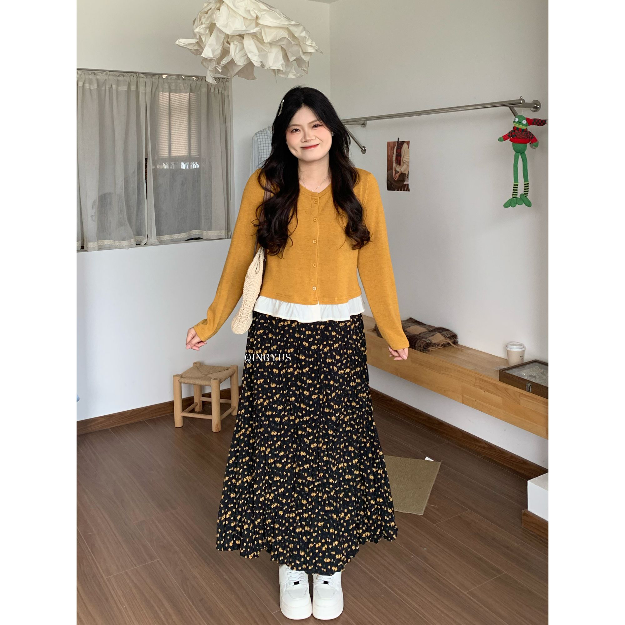 青屿衫-微胖大码秋季韩系温柔风撞色针织衫碎花半身裙显瘦两件套