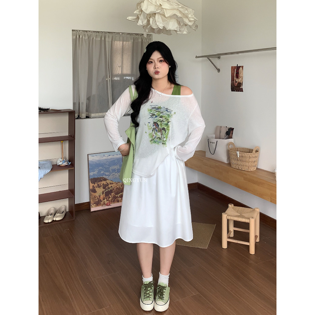 青屿衫-微胖夏季大码韩系减龄斜领露肩背心防晒长袖罩衫T恤两件套