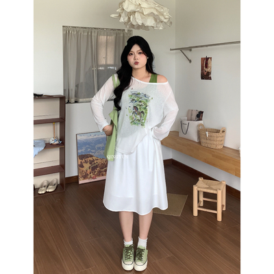 青屿衫-微胖夏季大码韩系减龄斜领露肩背心防晒长袖罩衫T恤两件套