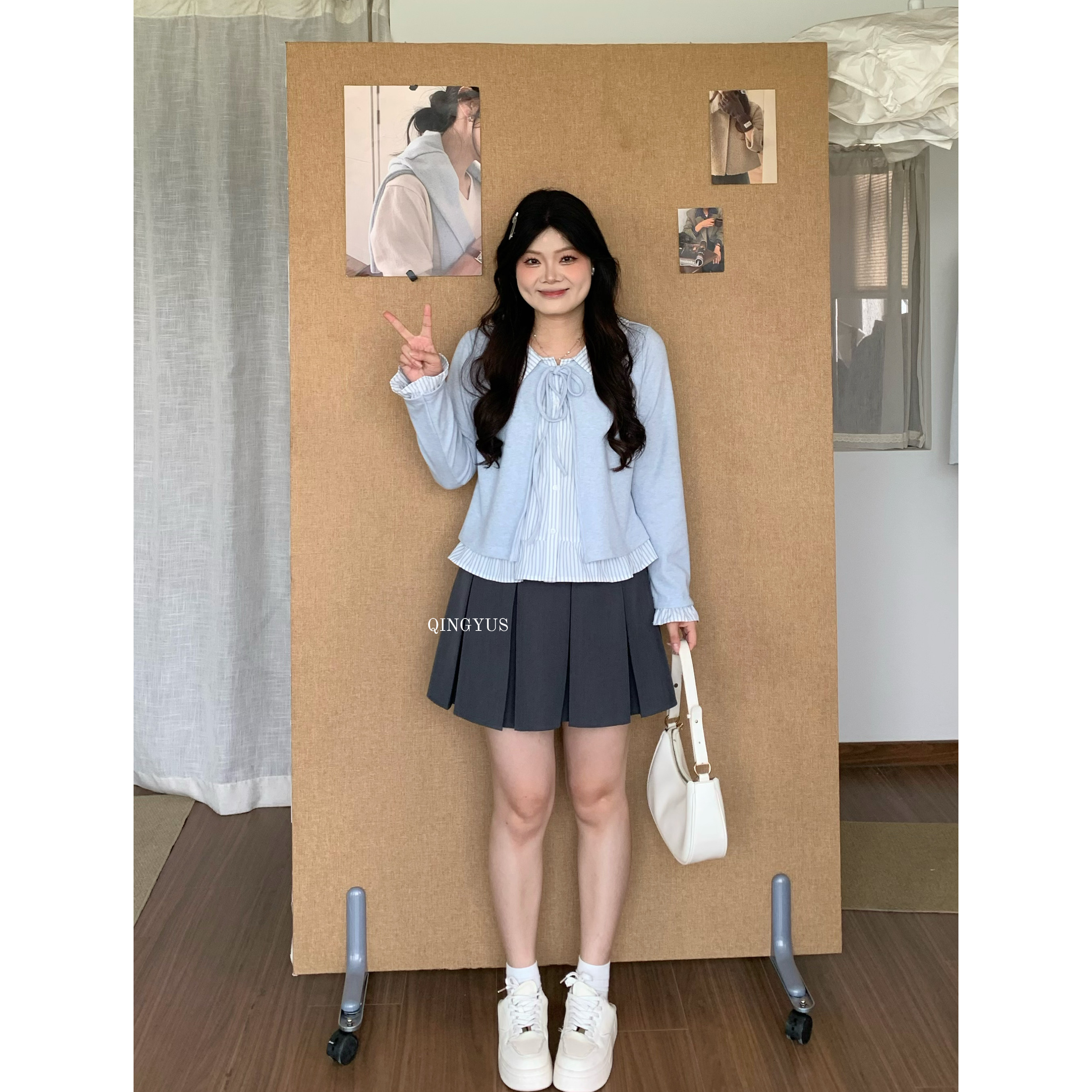 青屿衫-微胖大码韩系气质甜美减龄条纹荷叶边假两件正肩长袖T恤秋