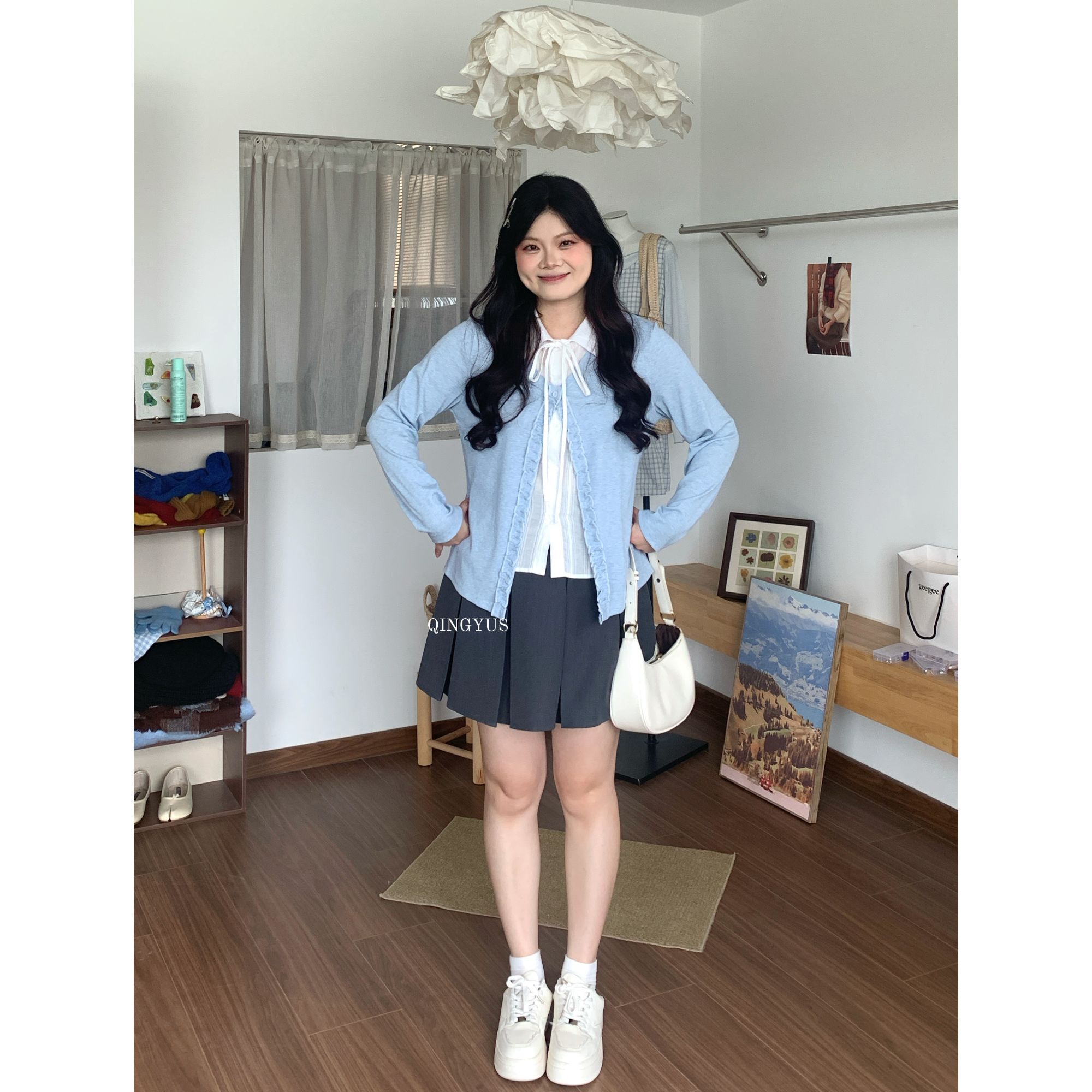 青屿衫-微胖早秋大码韩系学院风木耳边拼接衬衫假两件正肩长袖T恤