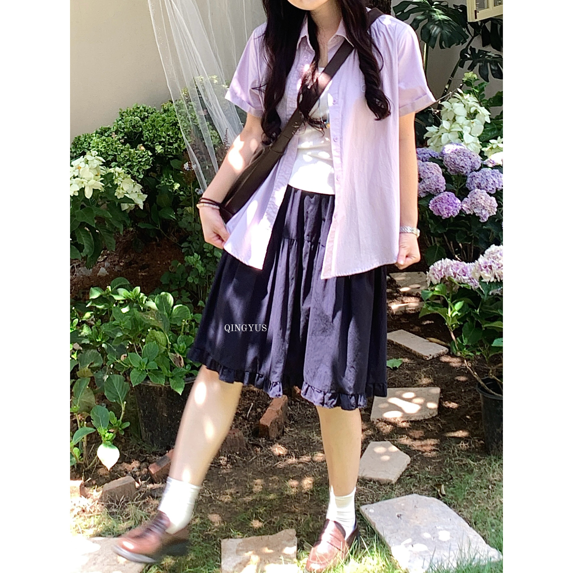 青屿衫-微胖夏季大码甜美少女风褶皱木耳边中裙高腰显瘦A字半身裙