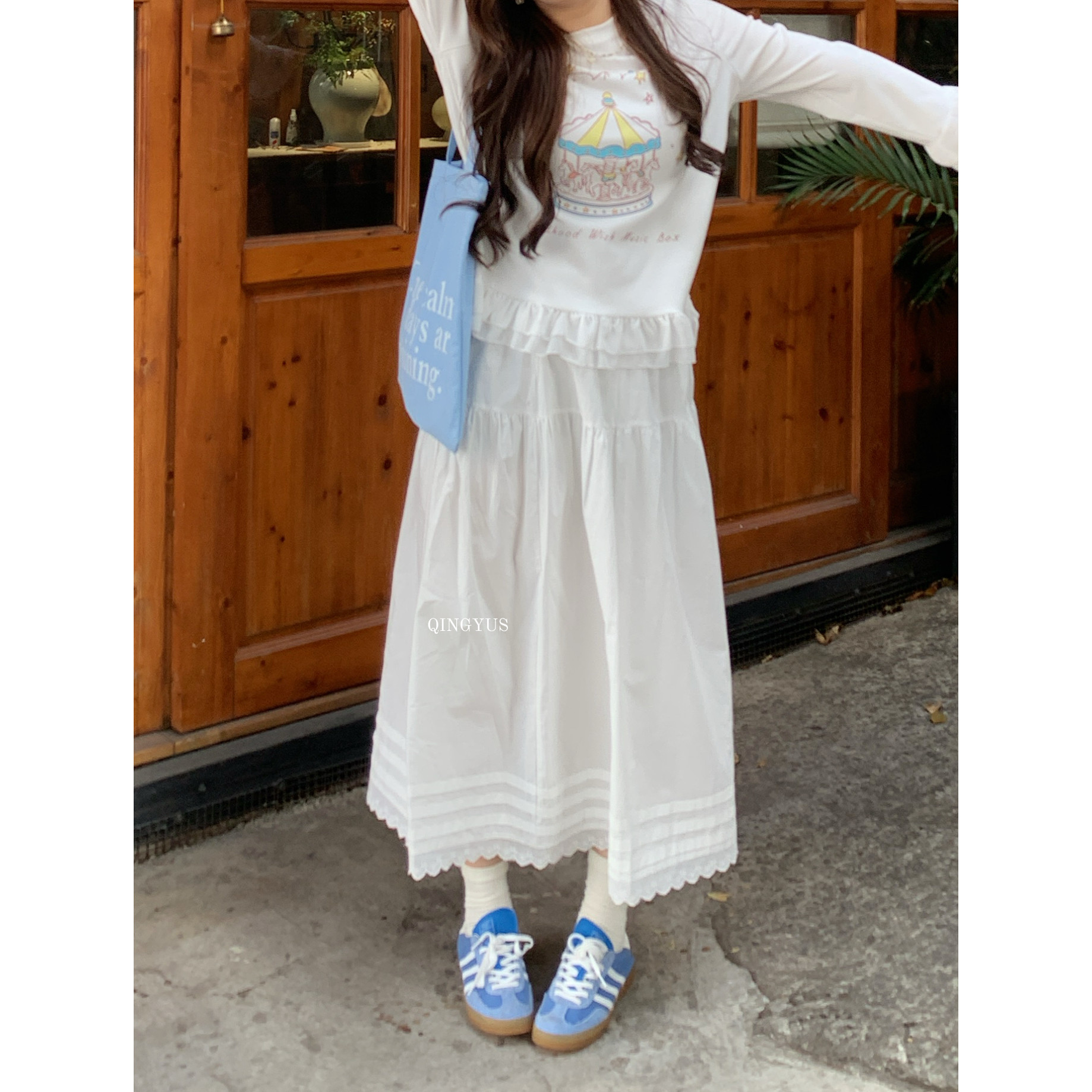 青屿衫-微胖显瘦春季大码韩系简约白色半身裙松紧腰高腰A字中长裙