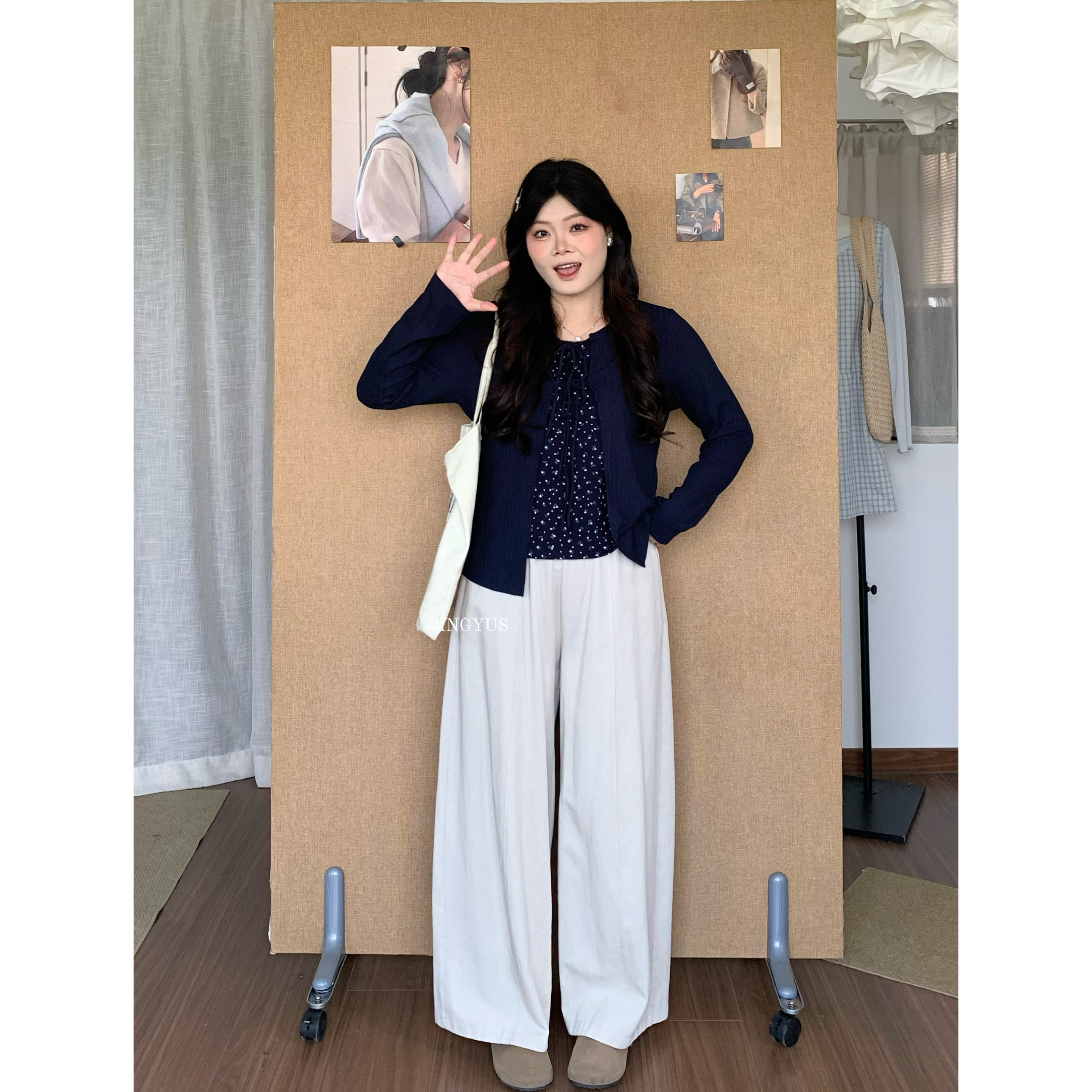 青屿衫-微胖大码秋季韩系复古减龄碎花拼接针织开衫假两件长袖T恤