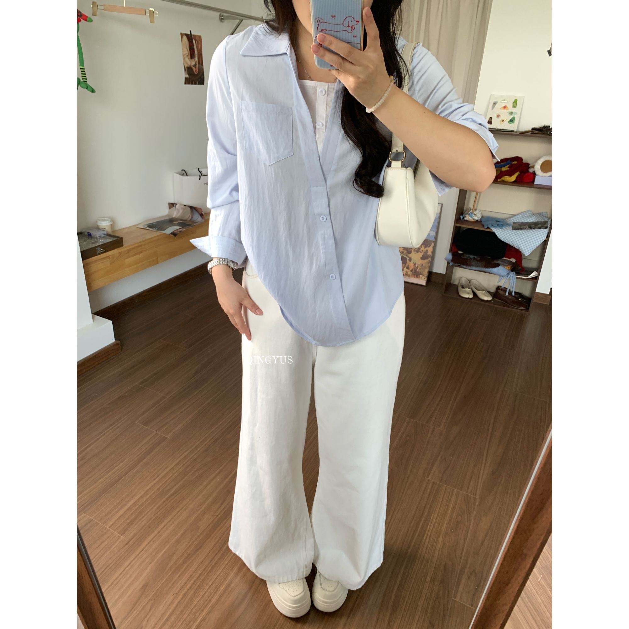 青屿衫-微胖早秋季大码韩系气质百搭假两件翻领显瘦正肩长袖衬衫