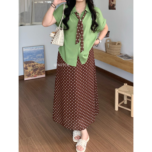 青屿衫-微胖夏季大码韩系复古高腰显瘦波点半身裙遮胯中长款A字裙