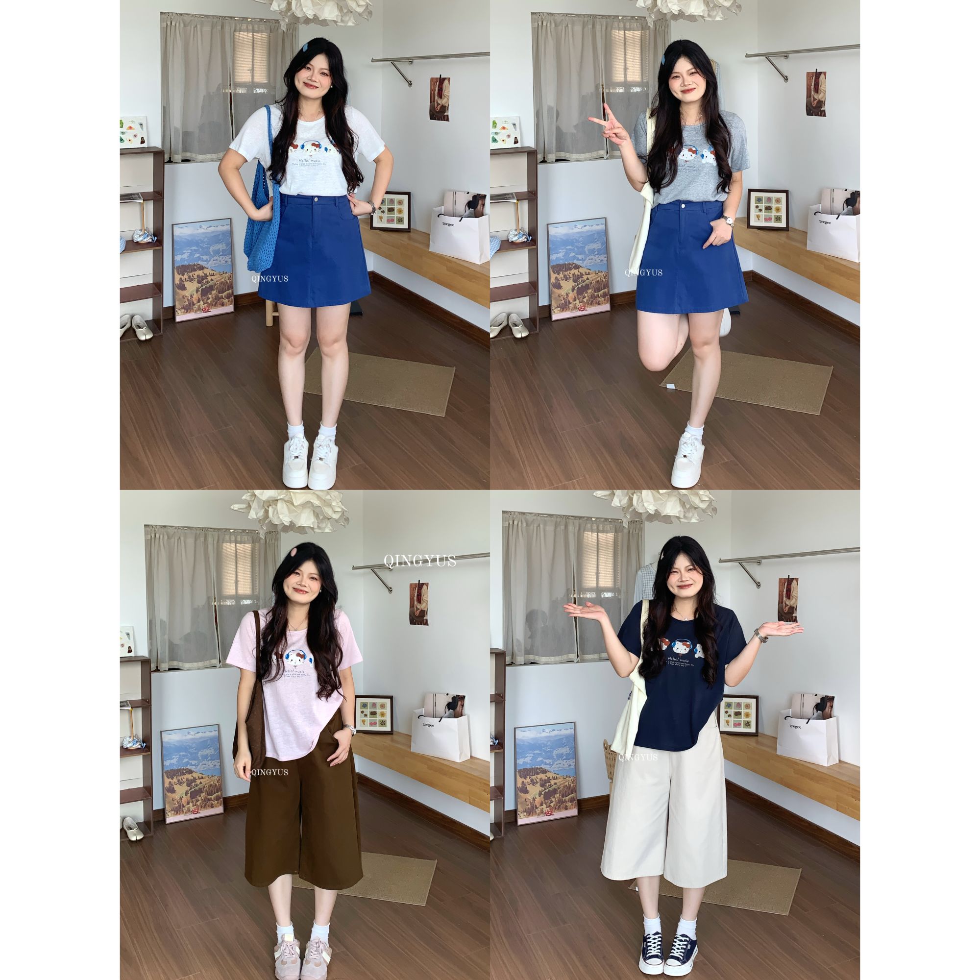 青屿衫-微胖夏季大码韩系甜美少女风卡通印花宽松显瘦正肩短袖T恤