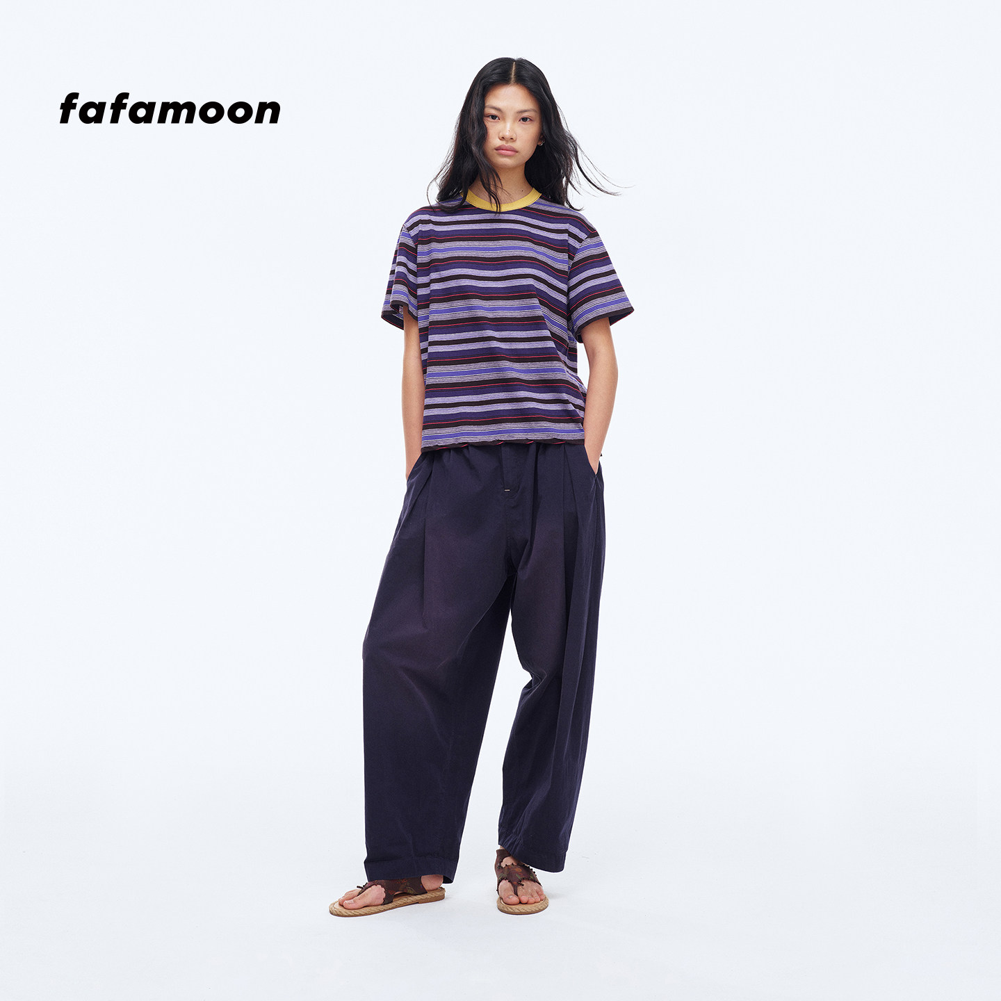 【2026早秋新品】fafamoon设计师品牌 合肩条纹不规则下摆T恤