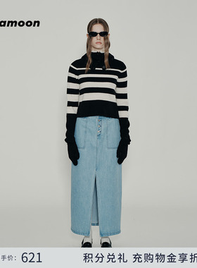 fafamoon设计师品牌 复古前开叉直筒牛仔长裙时尚纯色半身裙子