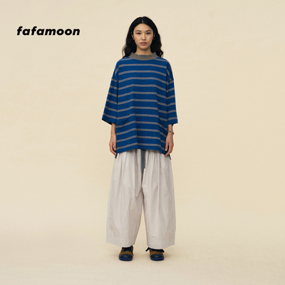 【2026夏季新品】fafamoon设计师品牌烟囱领六分袖宽松条纹T恤