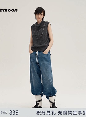 fafamoon设计师品牌 时尚橡筋腰宽松直筒牛仔裤休闲裤长裤子女