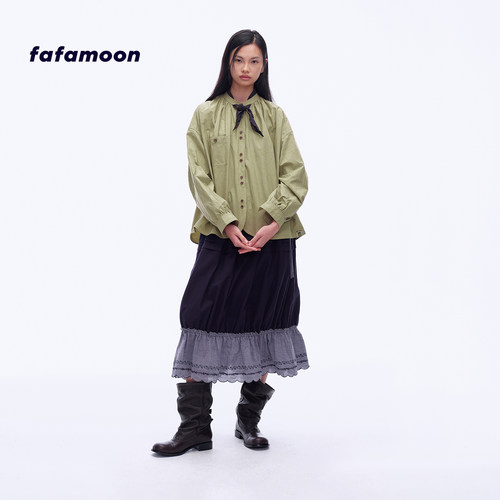 【2026秋冬新品】fafamoon设计师品牌可拆卸领巾圆摆棉布衬衫