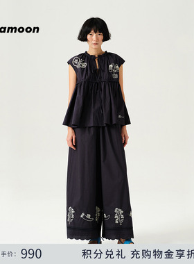 fafamoon设计师品牌2025夏季新品蕾丝花边拼接棉质长裤刺绣直筒裤