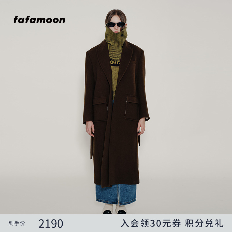 【fafamoon设计师品牌】冬季保暖宽松口袋长款单排扣羊毛大衣外套