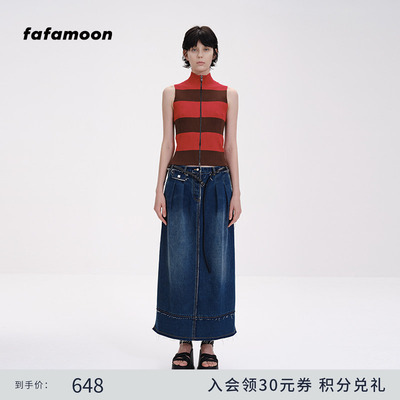 【fafamoon设计师品牌】宽条纹拉链无袖立领弹力亲肤坑条背心女