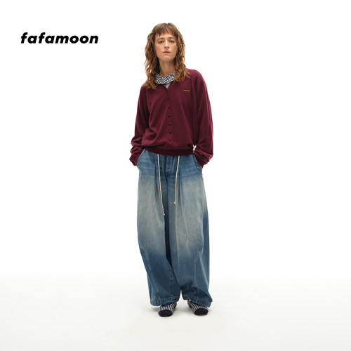 fafamoon设计师品牌秋冬宽松水洗牛仔气球裤长裤女