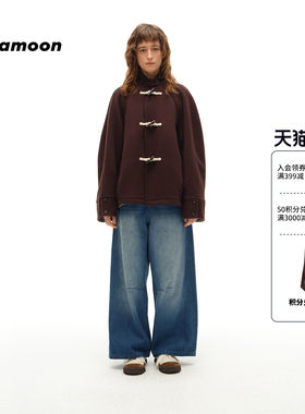 fafamoon设计师品牌秋冬女士牛角扣羊毛短大衣