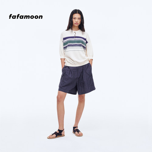 【2026早秋新品】fafamoon设计师品牌和纸纱撞色条纹针织上衣