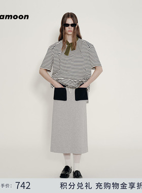 【fafamoon设计师品牌】时尚抽绳拼色口袋H版型撞色长裙半身裙子