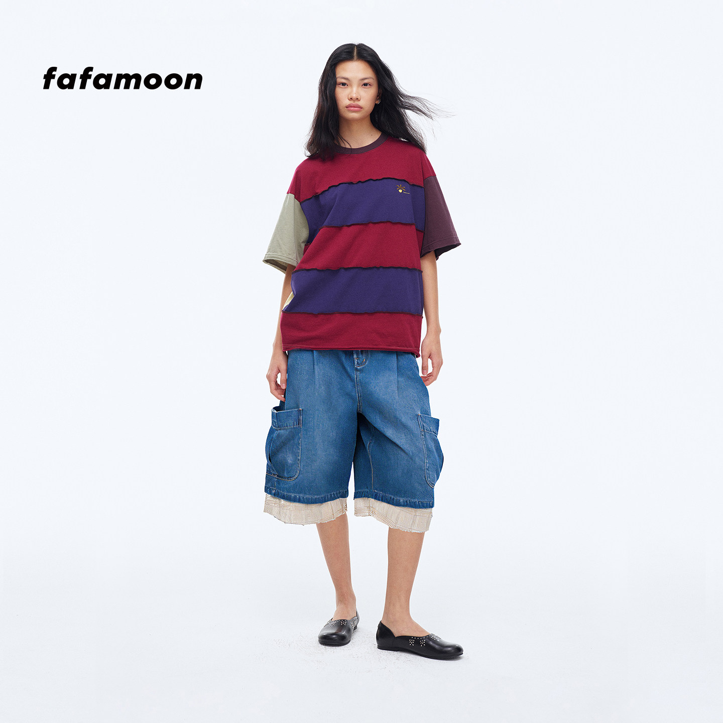 【2026早秋新品】fafamoon设计师品牌撞色拼接脚口牛仔六分裤短裤 - 实物图