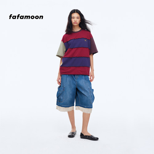【2026早秋新品】fafamoon设计师品牌撞色拼接脚口牛仔六分裤短裤