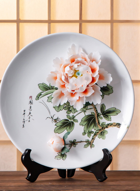 德化陶瓷手工手绘牡丹花挂盘艺术摆件客厅装饰工艺品乔迁新居礼品