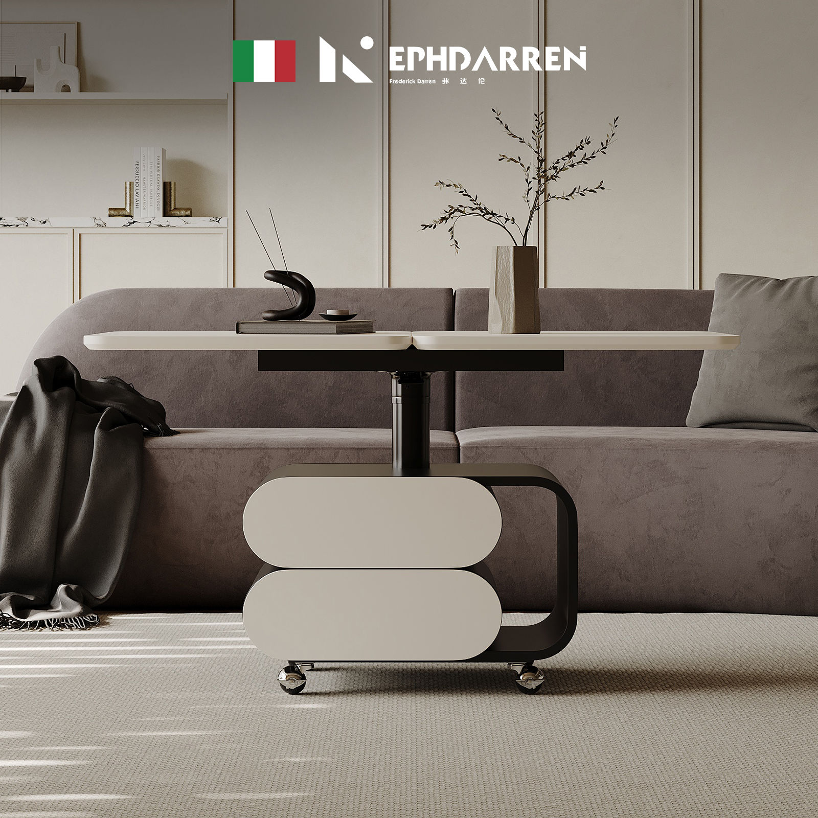 意式极简可移动茶几升降折叠旋转餐桌长方形客厅家用小推车边几