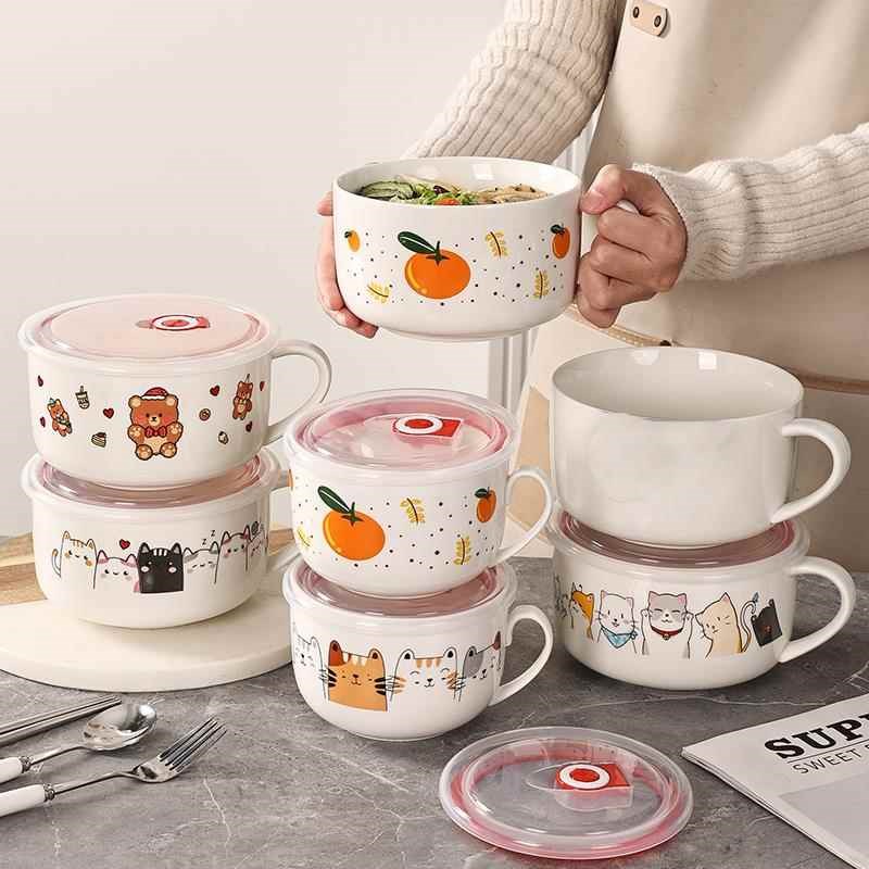 陶瓷汤碗饭碗带盖带手柄可微波炉保鲜碗方便面碗便当盒泡面碗