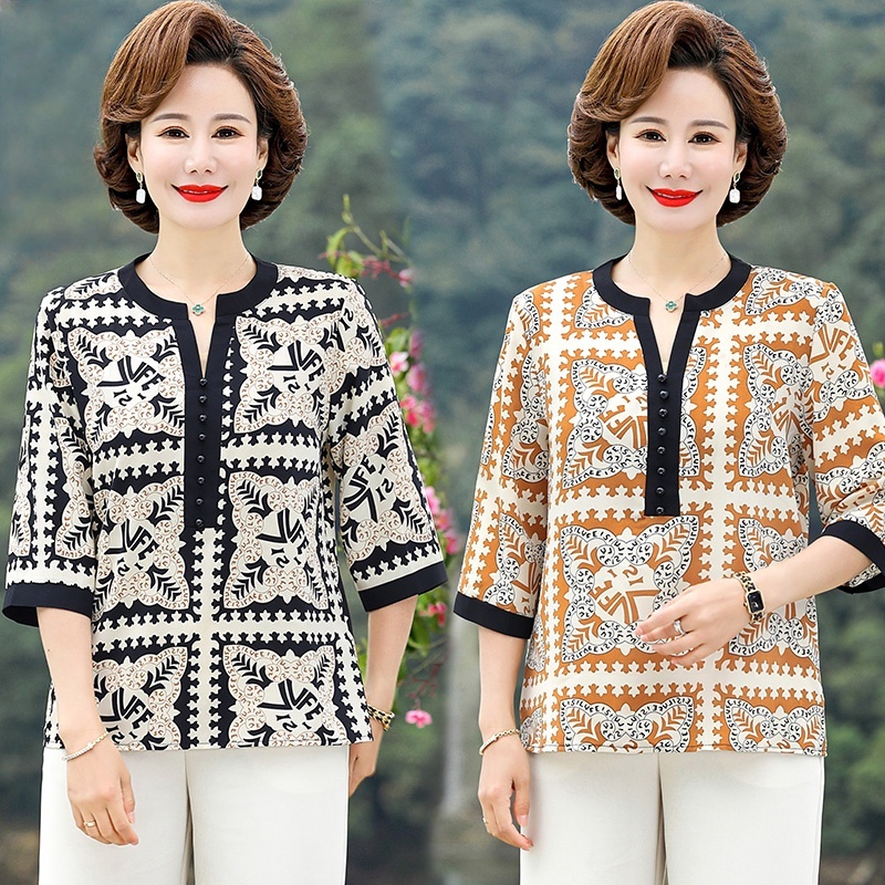 中老年女装雪纺短袖两件套装夏装中年妈妈装大码宽松洋气盘扣复古