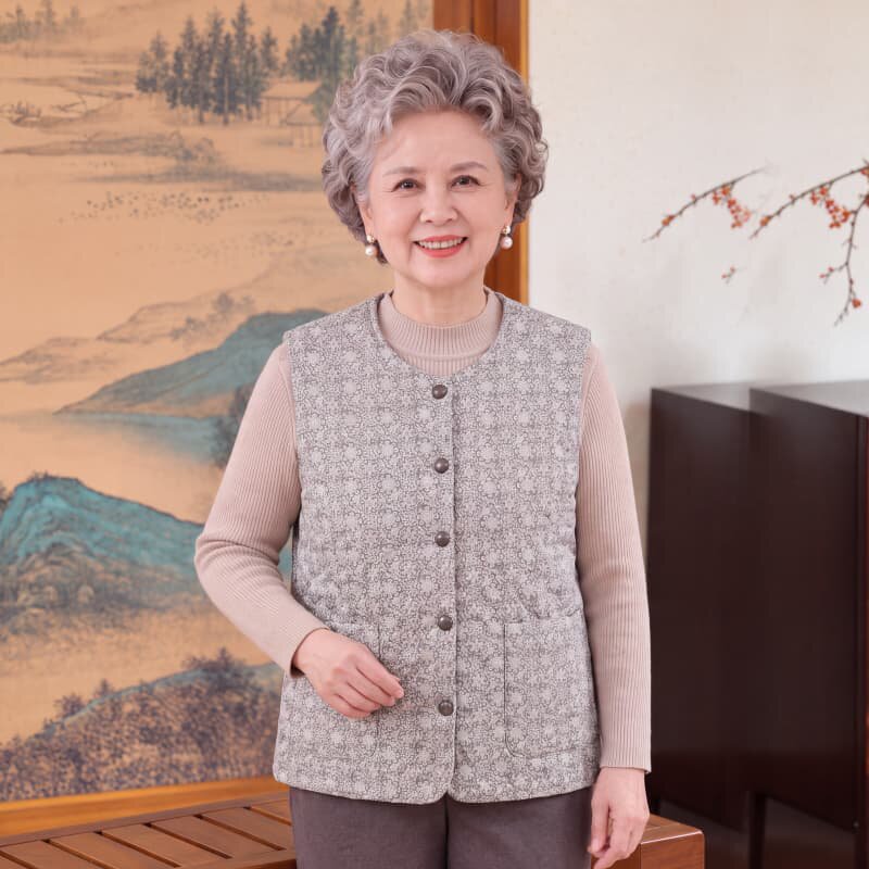 时尚中老年人女装百搭保暖碎花马甲秋冬季新款妈妈装休闲简约夹克