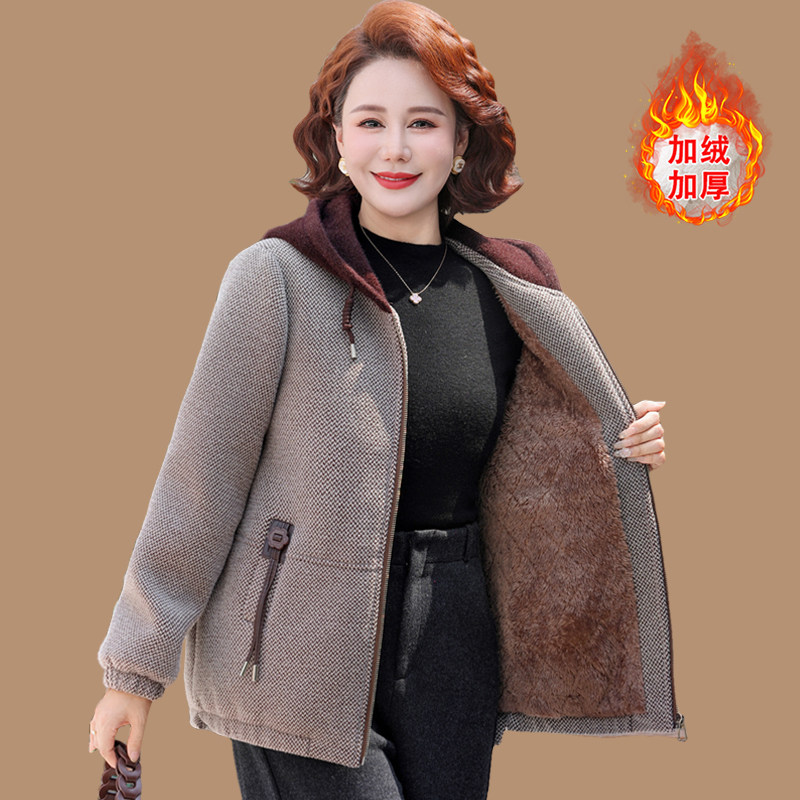 妈妈秋冬装水貂绒棉衣外套洋气中老年女冬季加绒加厚毛呢大衣保暖