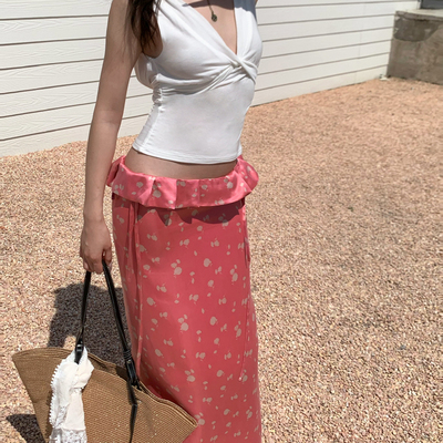 春夏真丝粉色碎花花边抽绳半身裙