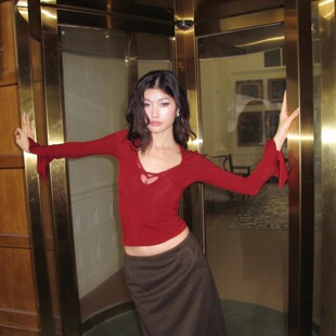 rich in color 秋冬深V内搭羊毛天丝蕾丝原创高级感修身长袖上衣