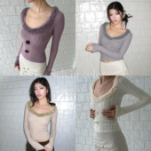 短款 rich 复古毛领纽扣麻花毛衣高级感修身 color 上衣