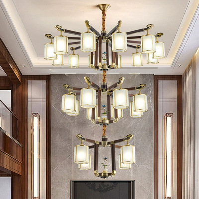 新中式复式楼别墅客厅大吊灯全铜实木自建房楼中楼跃层售楼部灯具