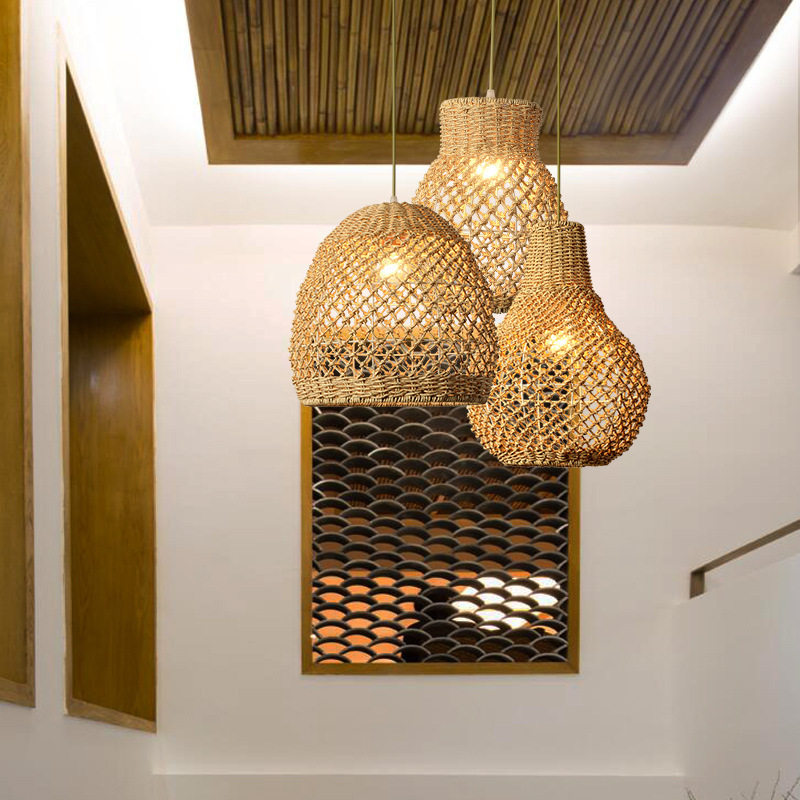 北欧客厅吊灯 复古灯具现代简约餐厅吊灯 设计师藤编灯藤艺小吊灯
