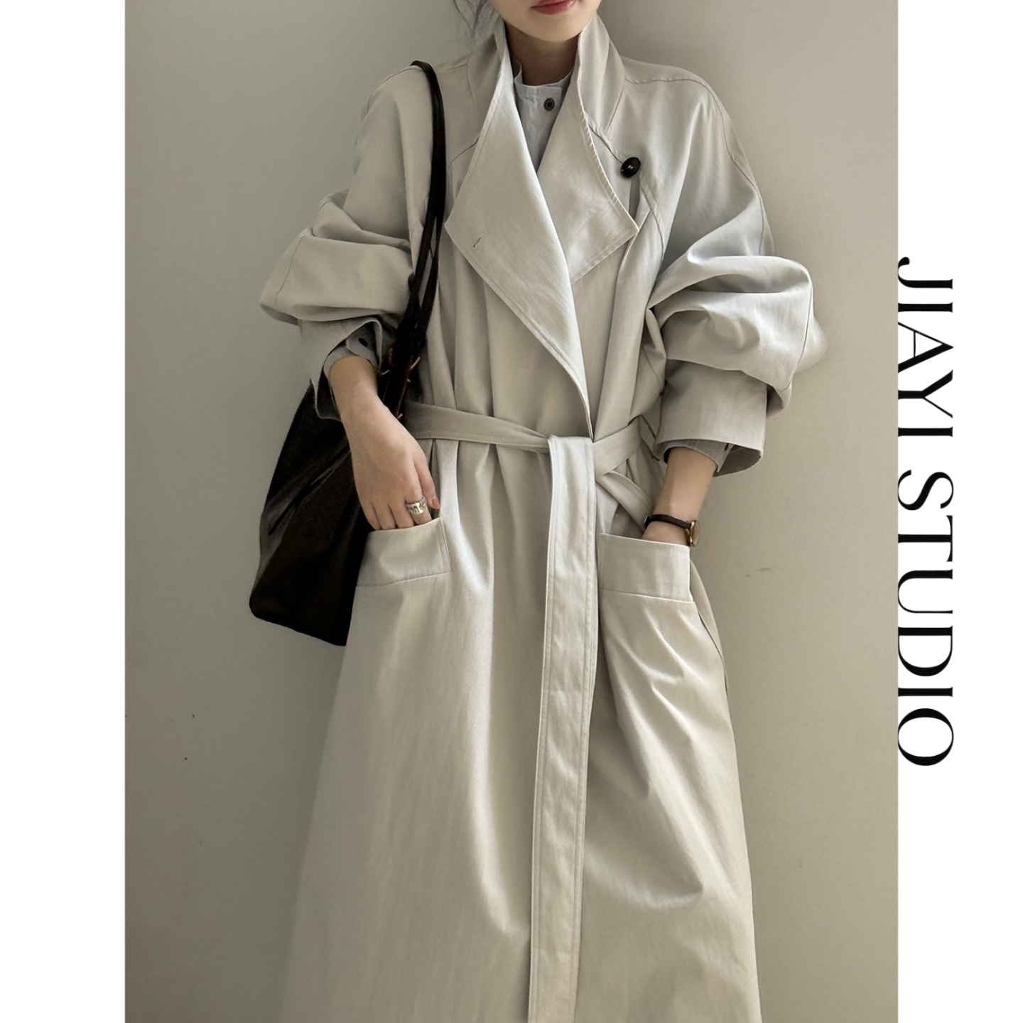 JIAYI STUDIO翻领一粒扣中长款风衣女秋季宽松腰带大衣系带外套