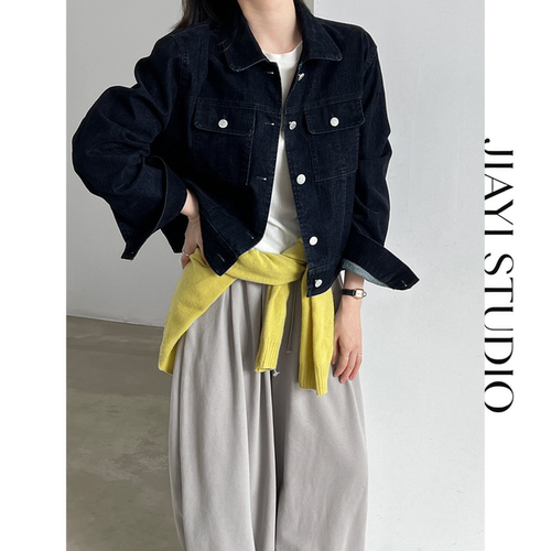 JIAYI STUDIO（植绒牛仔）复古经典翻领牛仔短外套女秋季短款外套