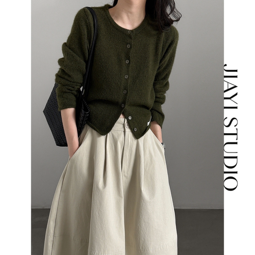 JIAYI STUDIO慵懒风圆领软糯针织开衫女秋季卷边简约百搭毛衣外套