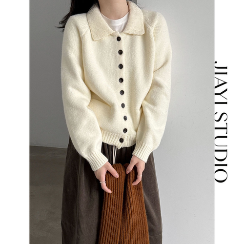 JIAYI STUDIO小翻领单排扣针织开衫女加厚秋冬简约设计感毛衣外套